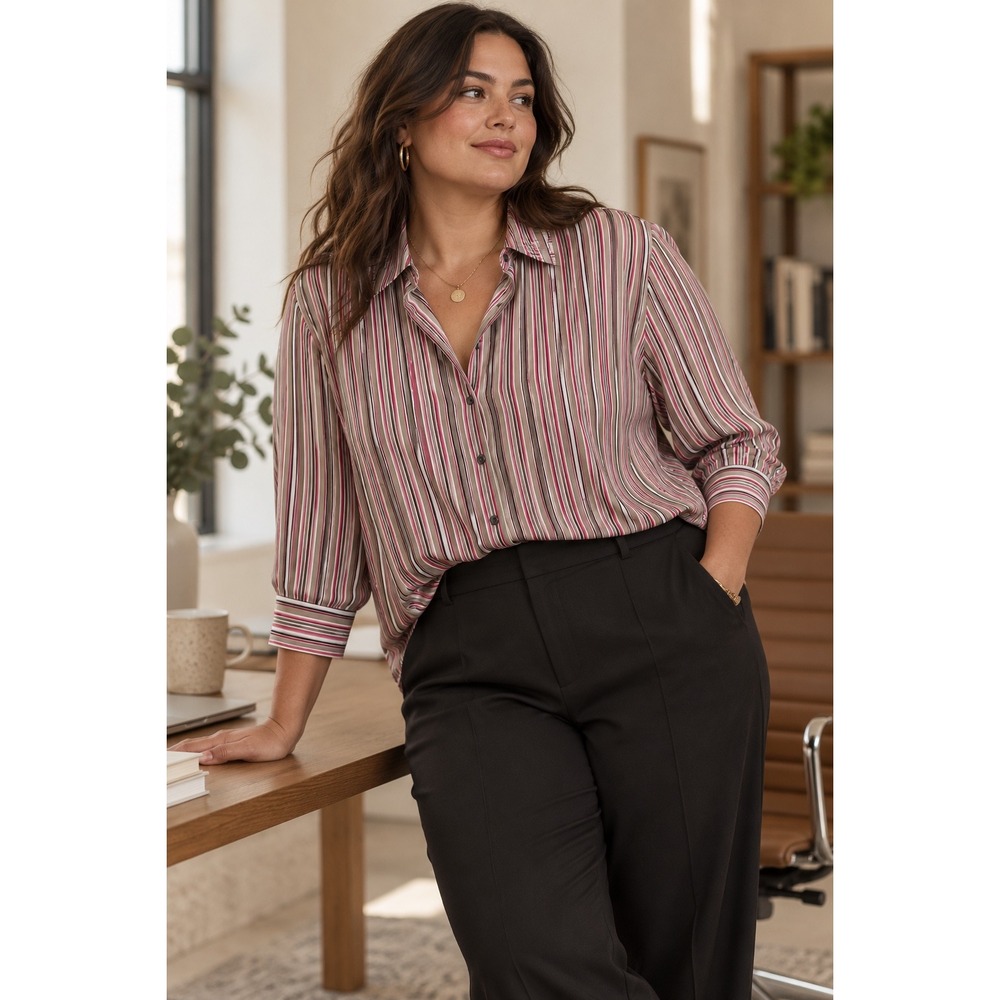 Foxcroft Blouse Button Down Pink Tan Striped Wrinkle Free Officecore 18